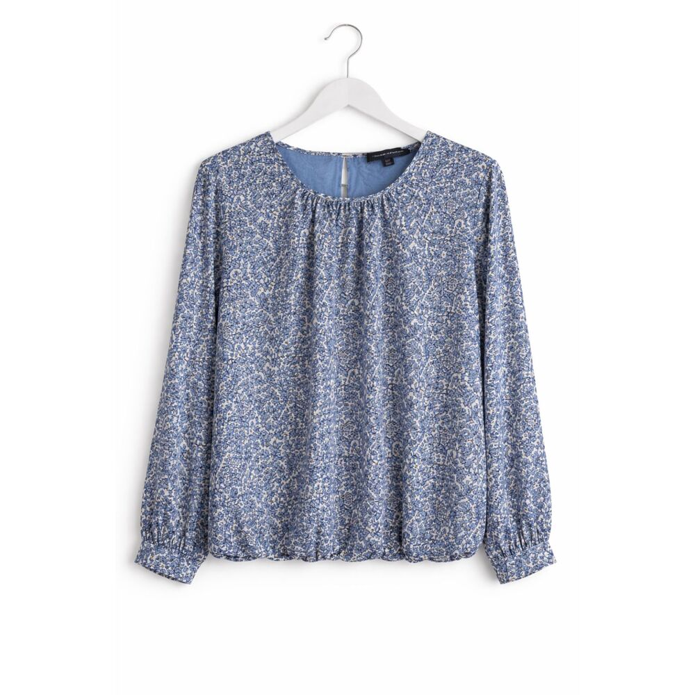 Tommy Hilfiger Blue Floral Blouse Bubble Hem Long Sleeve Back Keyhole Chiffon L